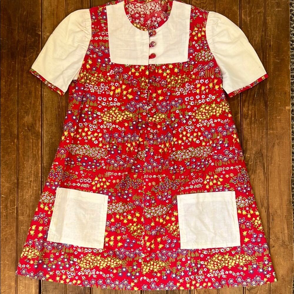Girls Vintage 70’s Dress Floral short sleeve Home made Red size medium